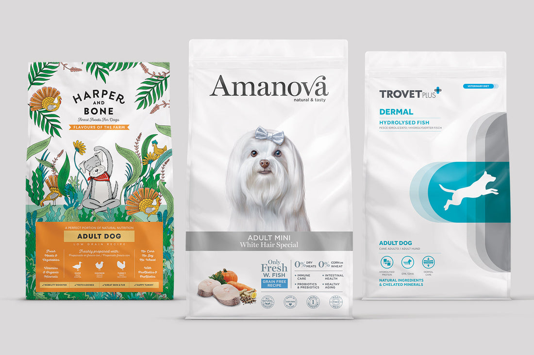 Variedad de bolsas de pienso seco para perros de diferentes tamaños
