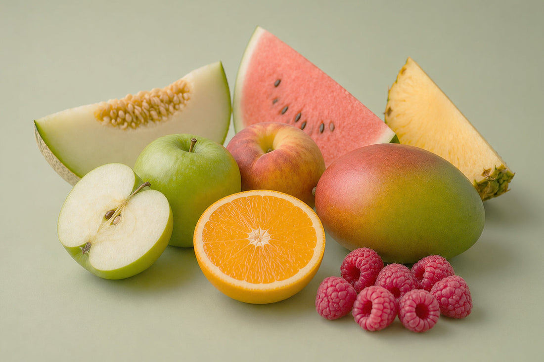Frutas seguras sobre mesa para la alimentación canina