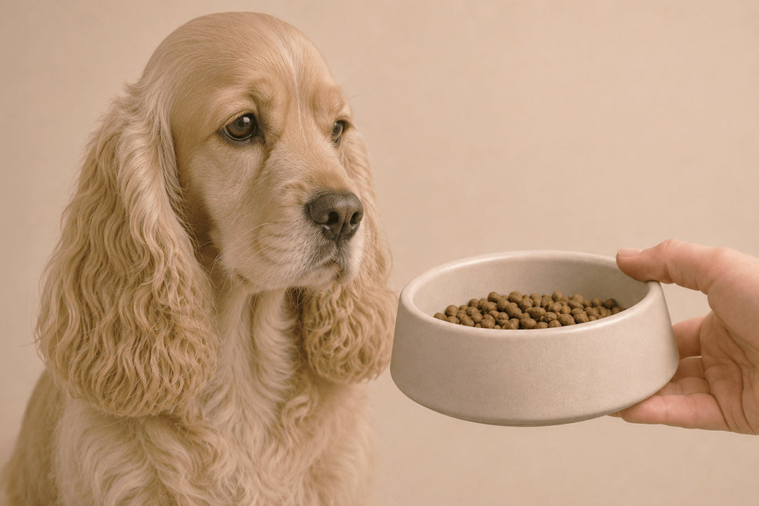 Perro mirando desinteresado su plato de comida