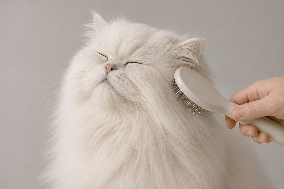 Gato gris siendo cepillado para evitar la caída de pelo