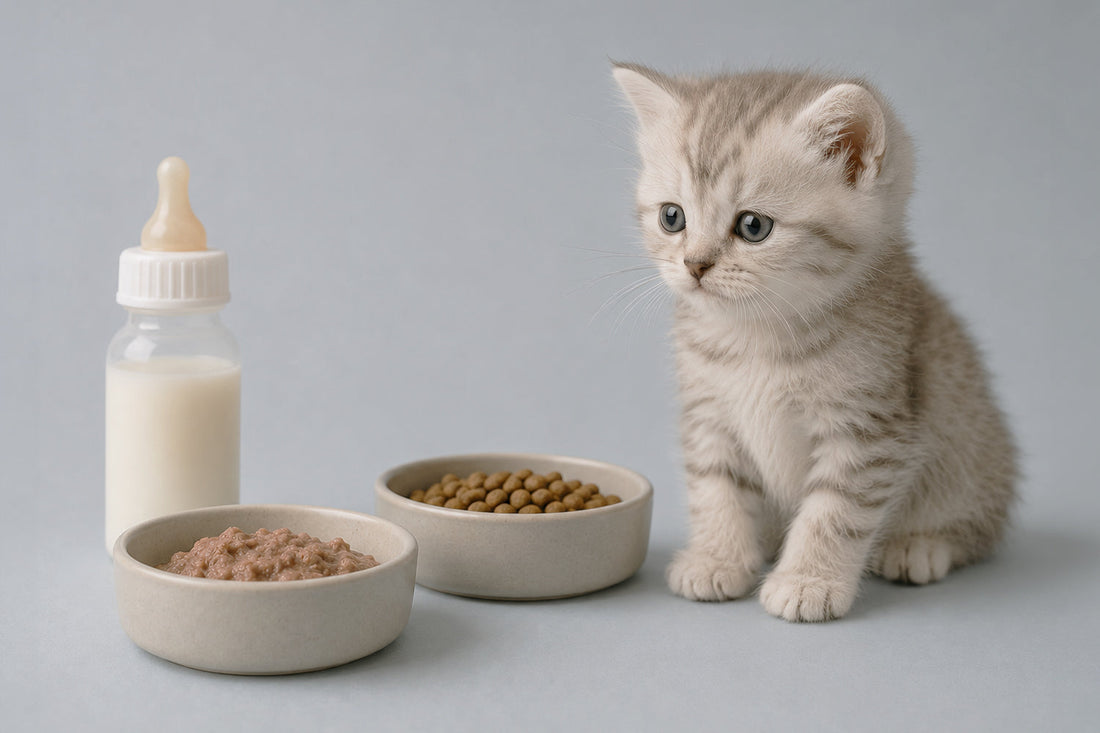 Gatito pequeño comiendo pienso de una cuchara