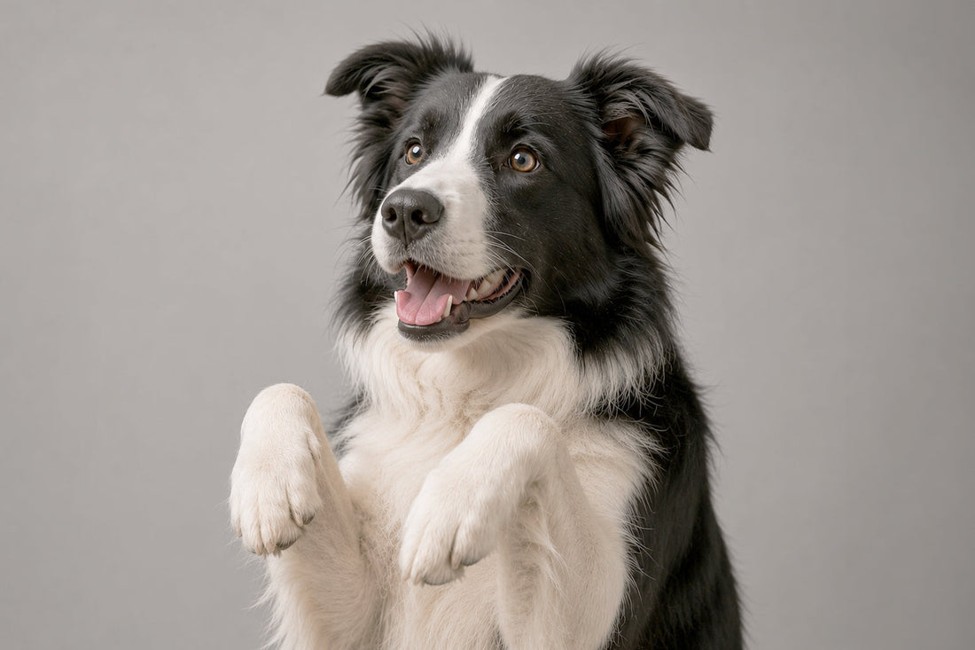 Border collie blanco y negro en posición de atención