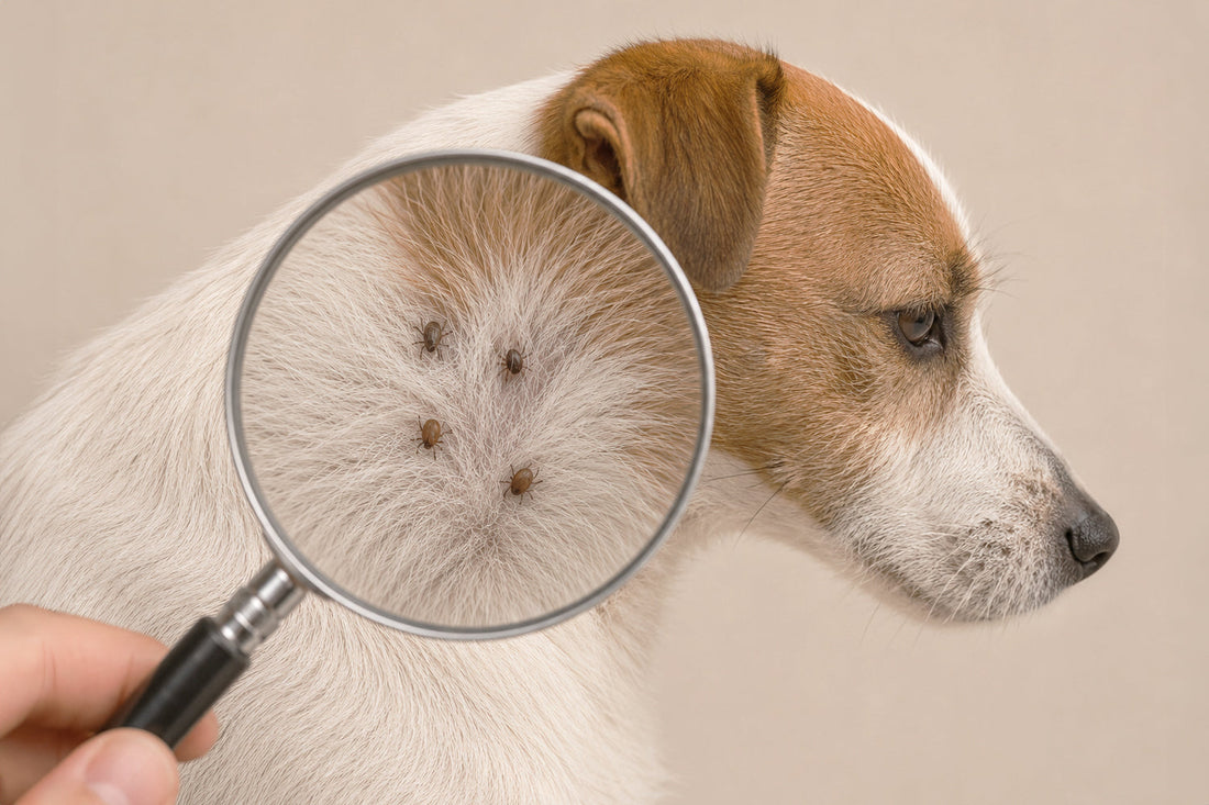 Perro siendo revisado para detectar pulgas y garrapatas