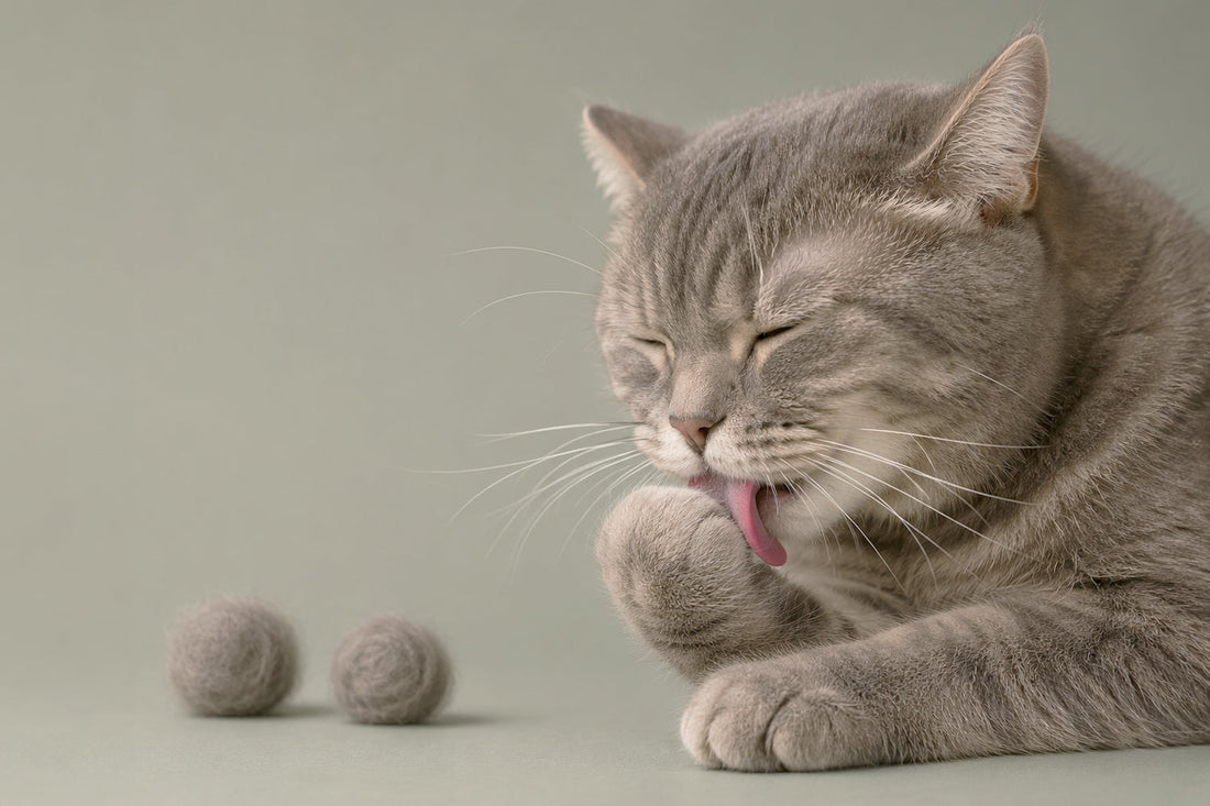 Gato naranja acicalándose en el sofá