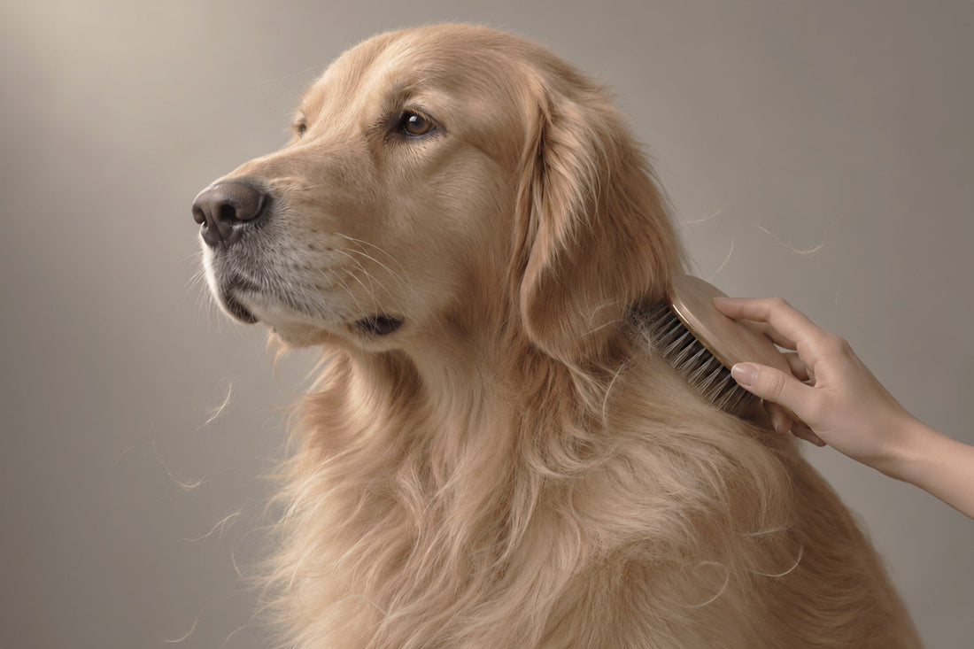 Golden retriever cepillado en el cuello con un cepillo de madera y pelo suelto en el aire