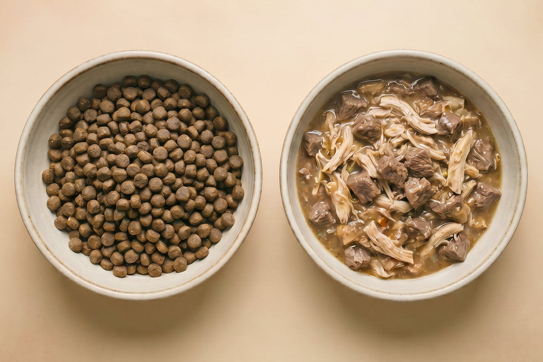 Comparativa entre alimentación seca con carne fresca y comida húmeda para perros