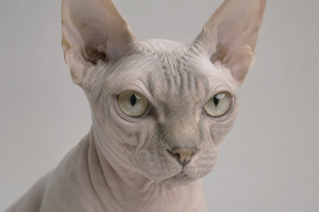 Gato Sphynx sin pelo mostrando su piel característica y necesitando cuidados especiales