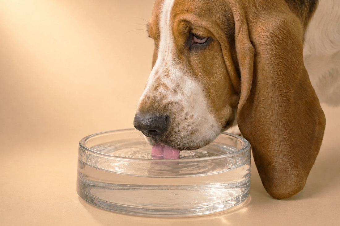 Perro mayor bebiendo agua del cuenco