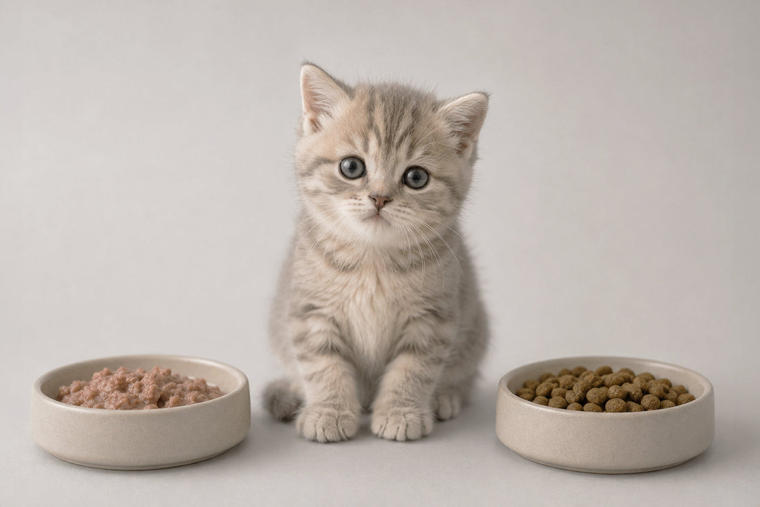 Gatito pequeño de 1 mes comiendo de cuenco