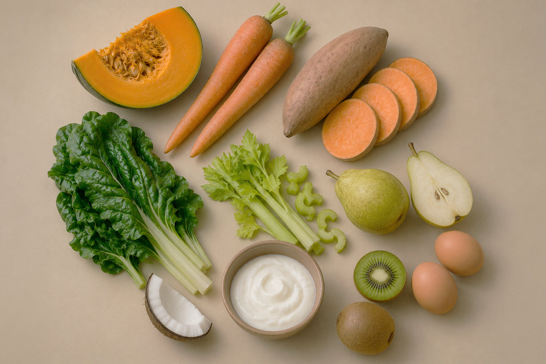 Variedad de alimentos naturales saludables para perros en una mesa