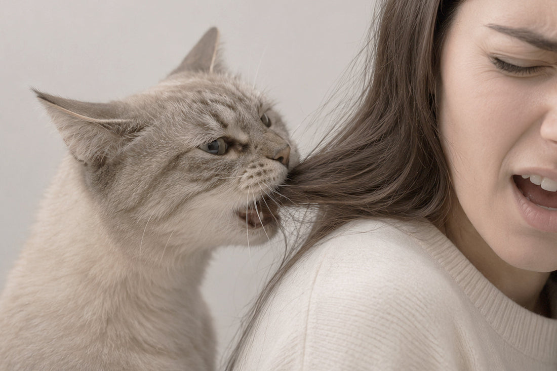 Gato jugando y mordisqueando el cabello de una persona