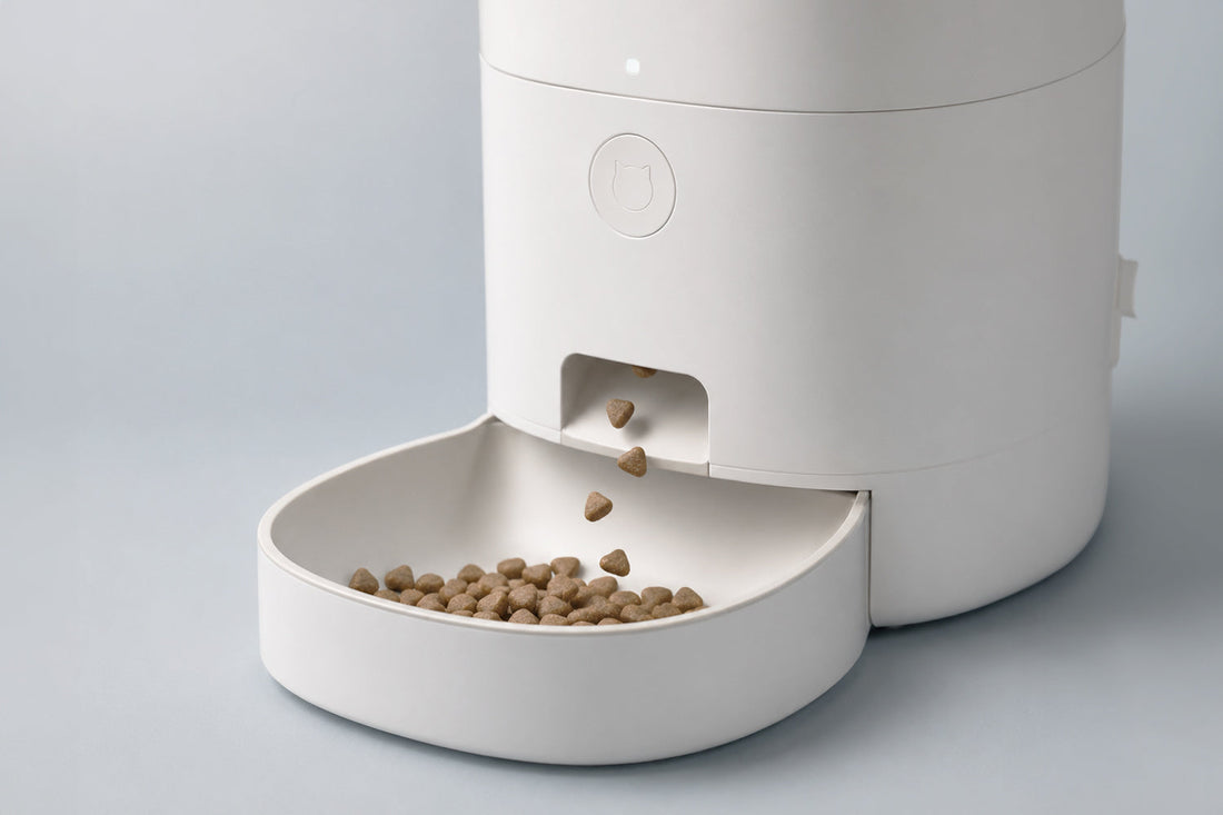 Dispensador automático de comida para gatos con compartimentos de almacenamiento