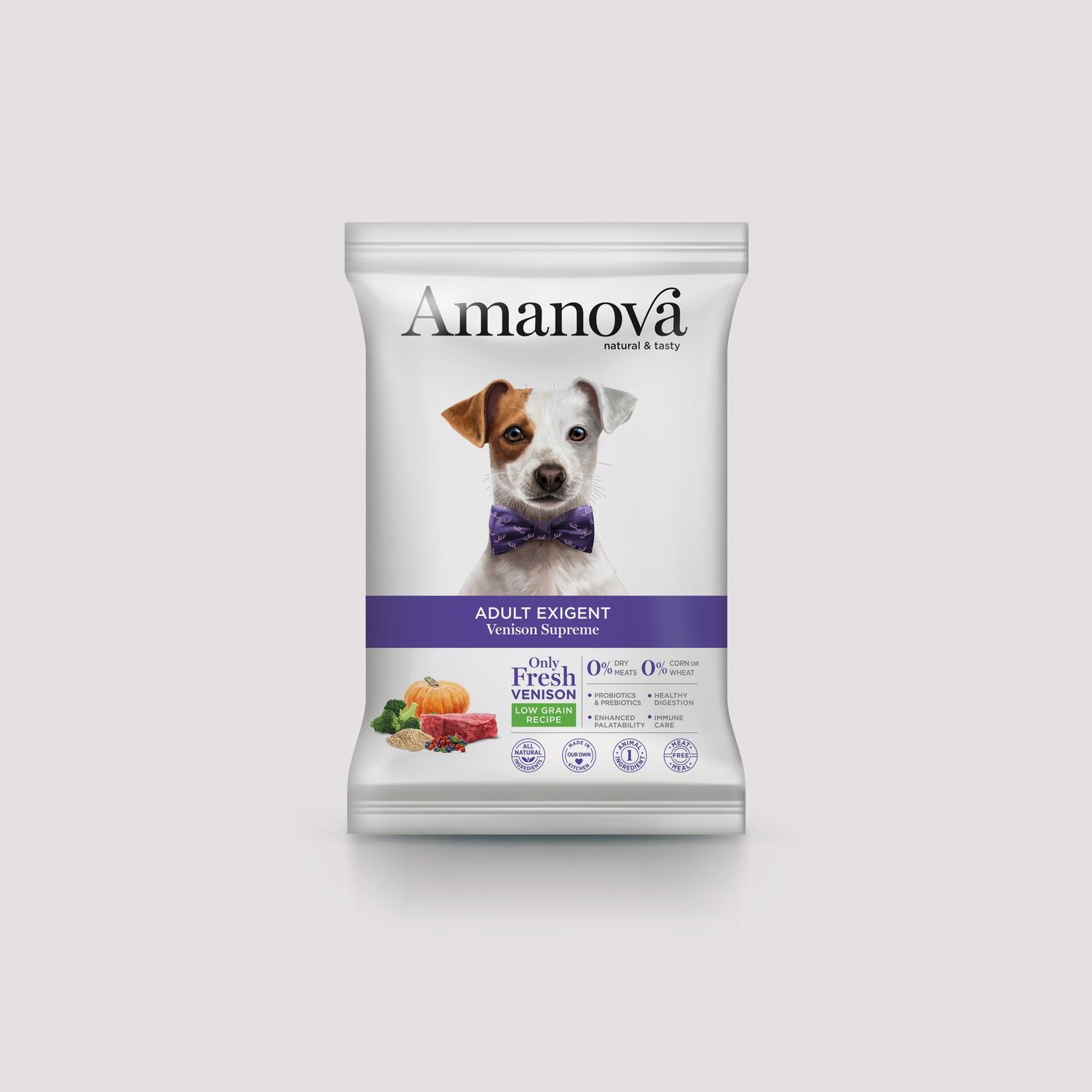 Muestra de 100 gramos de pienso Amanova Adult Exigent con venado para perros