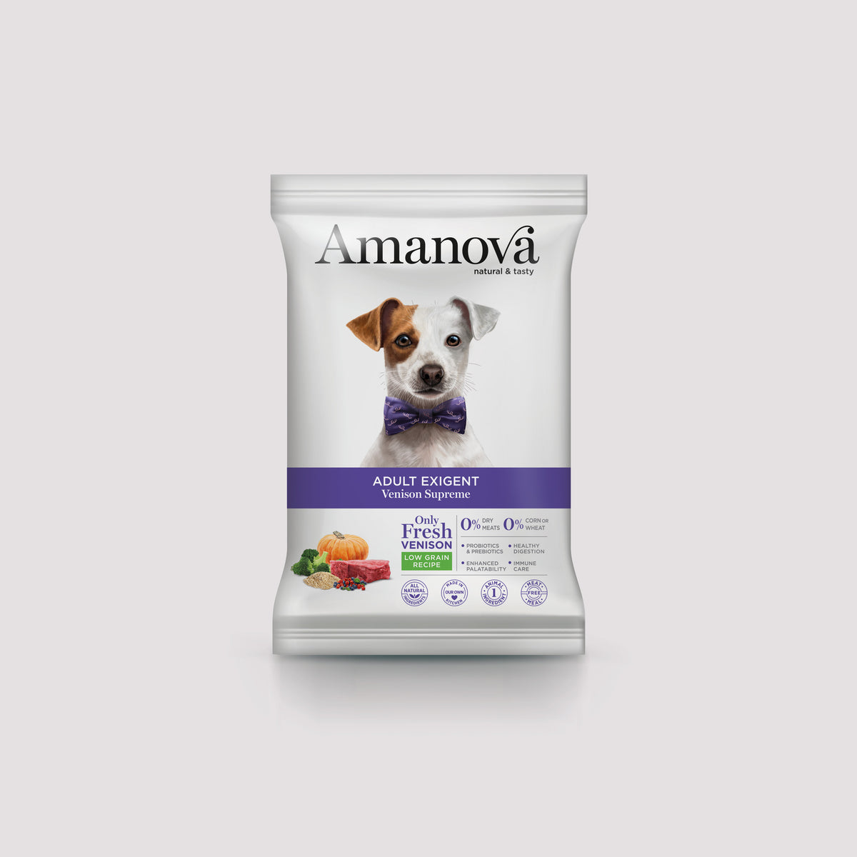 Muestra de 100 gramos de pienso Amanova Adult Exigent con venado para perros