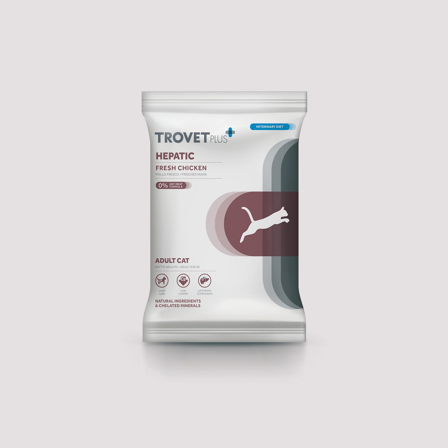 Muestra de pienso Trovetplus Adult Cat Hepatic con pollo de 70 gramos