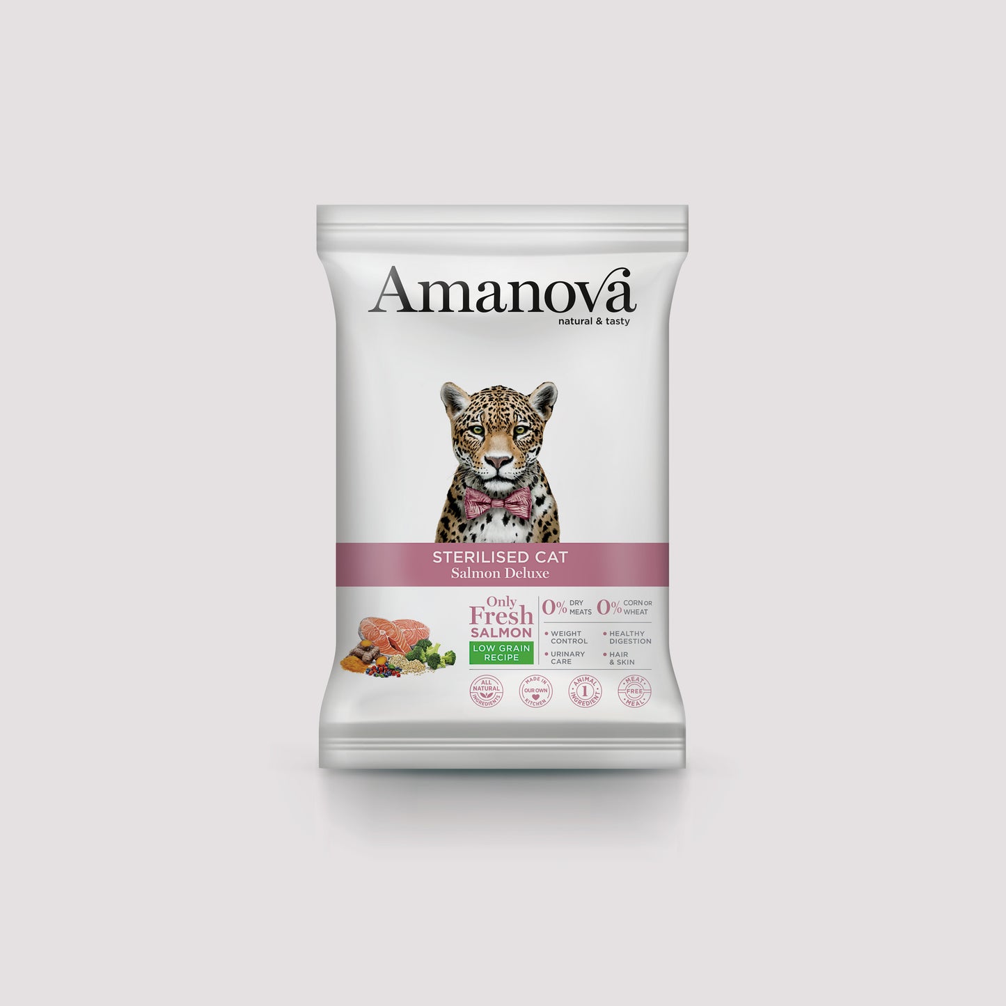 Muestra de comida húmeda Amanova Sterilized Cat con salmón de 70 gramos